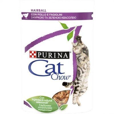 Вологий корм Purina Cat Chow Hairball Control для виведення шерсті у котів, з куркою та зеленою квасолею, 85 г 2002639 фото