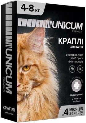 Краплі Unicum Premium від бліх і кліщів на холку для великих котів масою 4-8 кг (1шт.) 1008248 фото