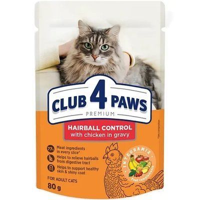 Влажный корм Club 4 Paws Premium для кошек с курицей в соусе с эффектом выведения шерсти 80 г 2011540 фото