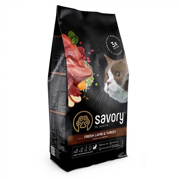 Корм Savory Adult Cat зі смаком свіжого м'яса ягняти та індички для кішок з чутливим травленням, 2кг. 2013740 фото