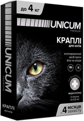 Краплі Unicum Premium від бліх і кліщів на холку для котів масою 0-4 кг (1шт.) 1008247 фото