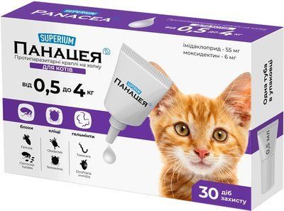 Противопаразитарные капли на холку SUPERIUM Panacea для котов от 0.5 до 4 кг 2013676 фото