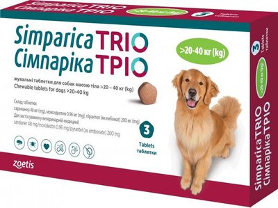 Жевательные таблетки для собак Zoetis Симпарика ТРИО 20.1 - 40 кг. - 1 таблетка 2007165 фото