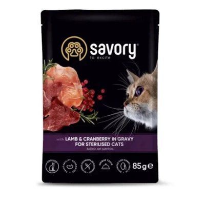 Вологий корм Savory Lamb&Cranberry Gravy Sterilised Cat для стерилізованих котів, ягня з журавлиною, у соусі, 85 г 2013983 фото