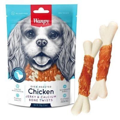 Ласощі для собак Wanpy Chicken Jerky & Calcium Bone Twists, кісточки з в'яленим курячим м'ясом та кальцієм 100г 2016365 фото
