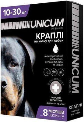 Краплі Unicum Premium + від бліх, кліщів і гельмінтів на холку для собак 10-30 кг (1шт.) 1008493 фото