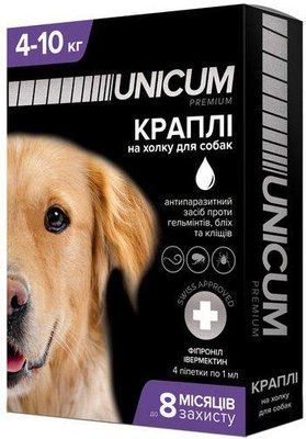 Краплі Unicum Premium + від бліх, кліщів і гельмінтів на холку для собак 4-10 кг (1шт.) 1008491 фото