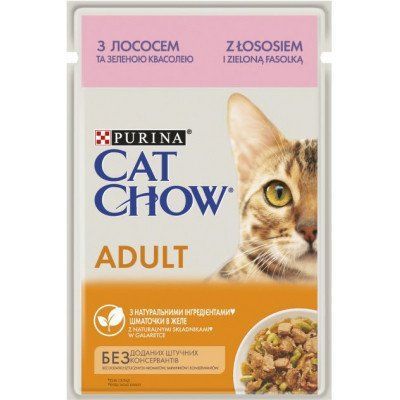 Вологий корм для кішок Purina Cat Chow Adult з лососем та зеленою квасолею в желе 85г. 2000471 фото