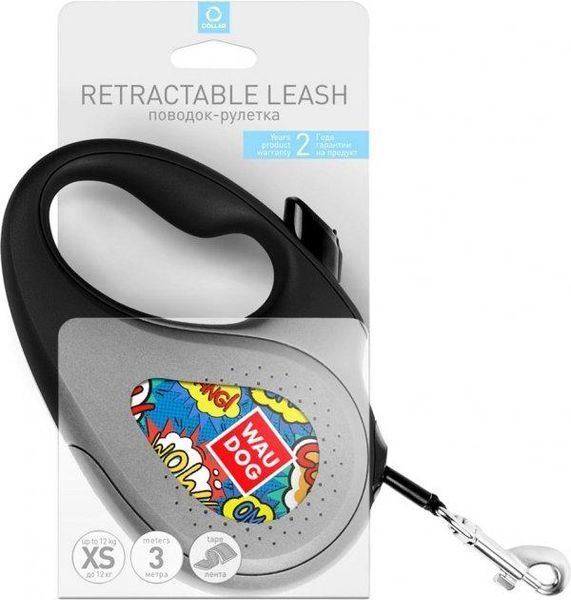 Повідець-рулетка WAUDOG R-leash для собак, малюнок "ВАУ", XS, до 12 кг, 3 м, світловідбивна стрічка 2009165 фото
