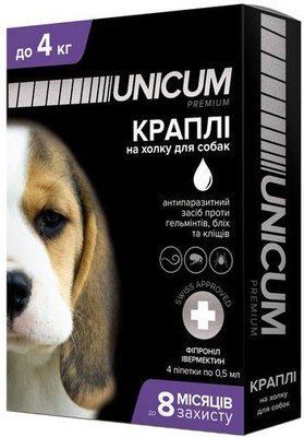 Краплі Unicum Premium + від бліх, кліщів і гельмінтів на холку для собак 0-4 кг (1шт.) 1008492 фото