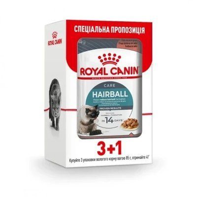 Влажный корм Royal Canin Hairball Care для выведения шерсти у кошек, кусочки в соусе 3+1 - 340г. 2016621 фото