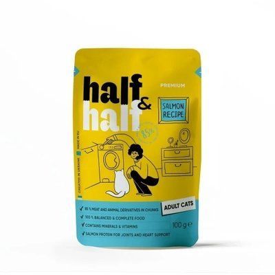 Влажный корм Half&Half для взрослых кошек, кусочки с лососем в желе, пауч, 100 г 2016731 фото