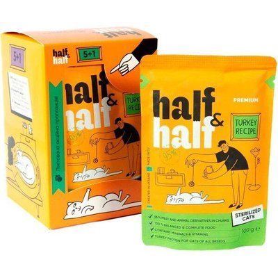 Набор паучей для стерилизованных котов Half&Half кусочки с индейкой в желе 100г (5+1) 2016786 фото