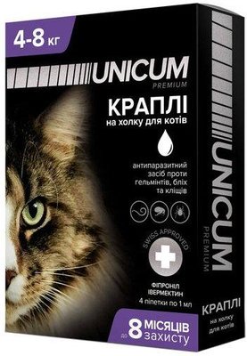 Краплі Unicum Premium + від бліх, кліщів і гельмінтів на холку для кішок 4-8 кг (1шт.) 1008490 фото