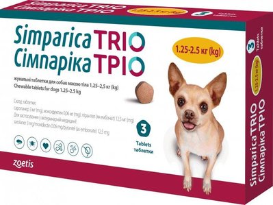 Жевательные таблетки для собак Zoetis Симпарика ТРИО 1.3 - 2.5 кг - 1 таблетка 2007142 фото