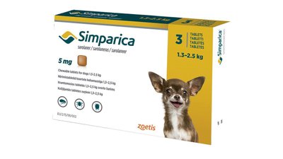 Жувальна таблетка від бліх і кліщів для собак Сімпаріка 5mg 1,3-2,5 кг - 1 таблетка 2001664 фото