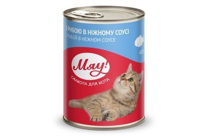 Консерва Мяу для кошек, с рыбой в нежном соусе, 415 г. 106 фото