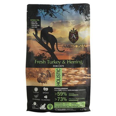 Сухий корм Ambrosia Grain Free Sterilized Cat Fresh Turkey&Herring для стерилізованих котів зі свіжою індичкою та оселедцем 1.5кг. 2022872 фото
