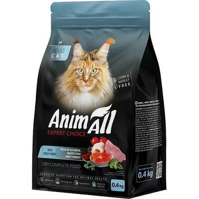 Сухой полнорационный корм для кошек AnimAll с лососем, белой рыбой и свежей индейкой 400 г 2017658 фото