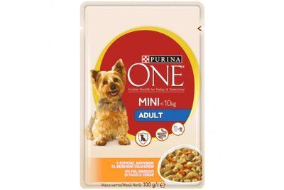 Вологий корм для дорослих собак Purina One Mini Adult дрібних порід, з куркою і морквою, 100 г. 356 фото
