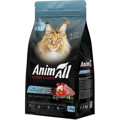 Сухой полнорационный корм для кошек AnimAll с лососем, белой рыбой и свежей индейкой 1.5 кг 2017659 фото