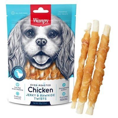 Лакомство Wanpy Chicken Jerky & Rawhide Twists палочка с вяленой курицей, для собак, 100 г 2016364 фото