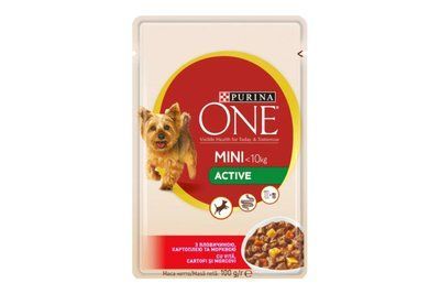 Вологий корм для дорослих собак Purina One Mini Active дрібних порід, з яловичиною і картоплею, 100 г. 375 фото