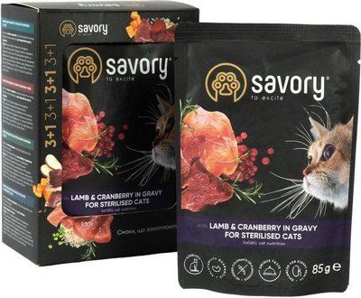 Набір паучів для стерилізованих котів Savory з ягням та журавлиною в соусі 85г*4шт 2015338 фото