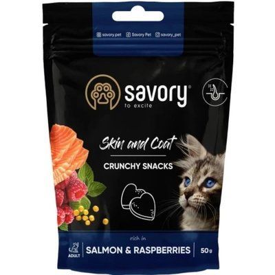 Хрустящие лакомства Savory Skin and Coat Snack для кошек, для здоровья кожи и шерсти, лосось и малина,50 г 2015324 фото