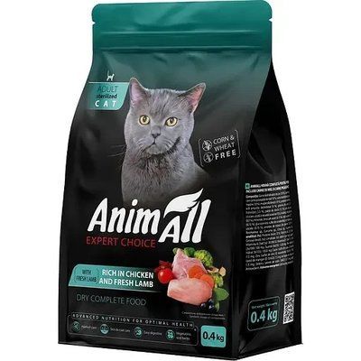 Сухой полнорационный корм для стерилизованных кошек AnimAll с курицей и свежей ягнятиной 400 г 2017667 фото