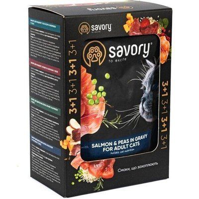 Набор паучей для котов Savory с лососем и горохом в соусе 85г*4шт 2015340 фото