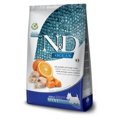 Беззерновий сухий корм Farmina N&D Ocean Adult Mini для дорослих собак дрібних порід, з тріскою, гарбузом та апельсином, 800 г 2017267 фото