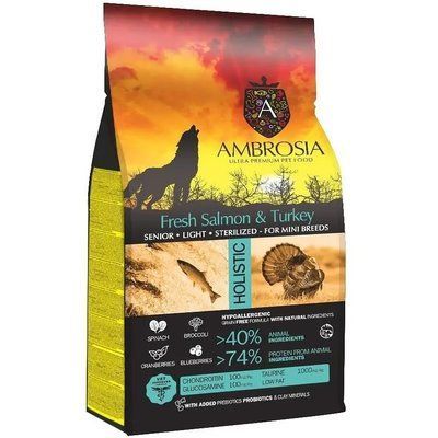 Сухий корм Ambrosia Grain Free для літніх стерилізованих собак міні порід з індичкою та свіжим лососем 5 кг 2023658 фото
