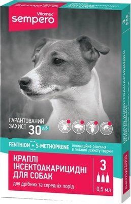 Краплі інсектоакарицидні Vitomax Sempero для дрібних і середніх порід собак 3-25 кг. 0,5мл. 1шт. 2005855 фото