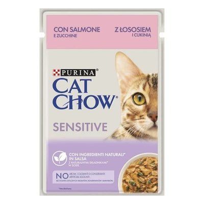 Вологий корм Purina Cat Chow Sensitive для котів з чутливим травленням, лосось та цукіні в соусі, 85 г 2009473 фото