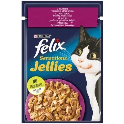 Вологий корм FELIX Sensations Jellies для дорослих кішок шматочки в желе з качкою та шпинатом 85 г 2007808 фото